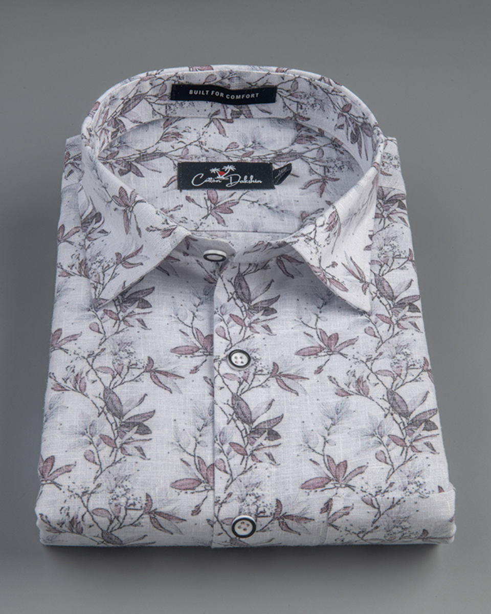 Italian Linen Gray With Brown Flower Print Shirts