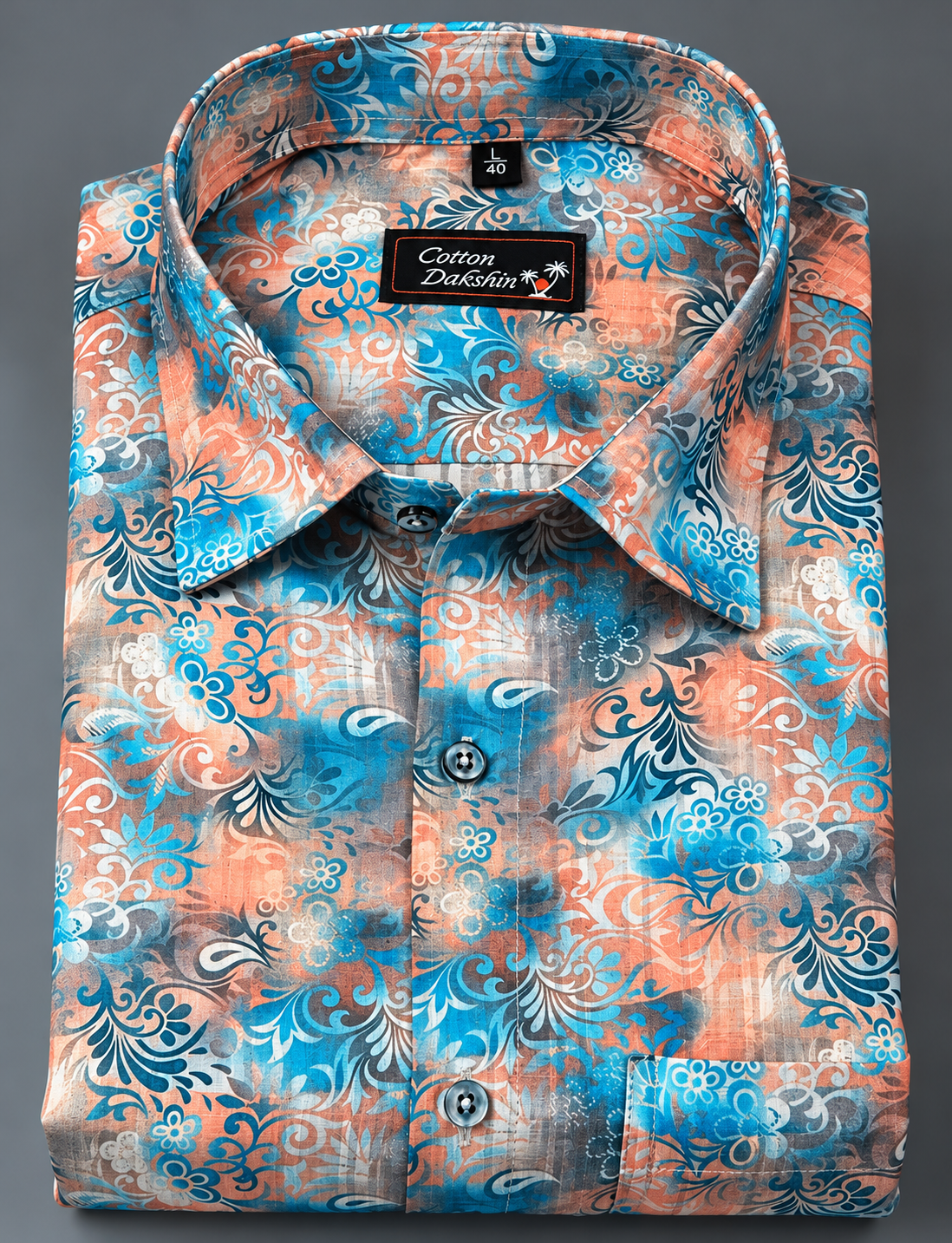 Cotton Printed Blue with Orange Mix Print Shirts for Men