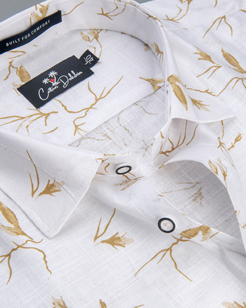 Linen White With Mahendi Structure Print Shirts