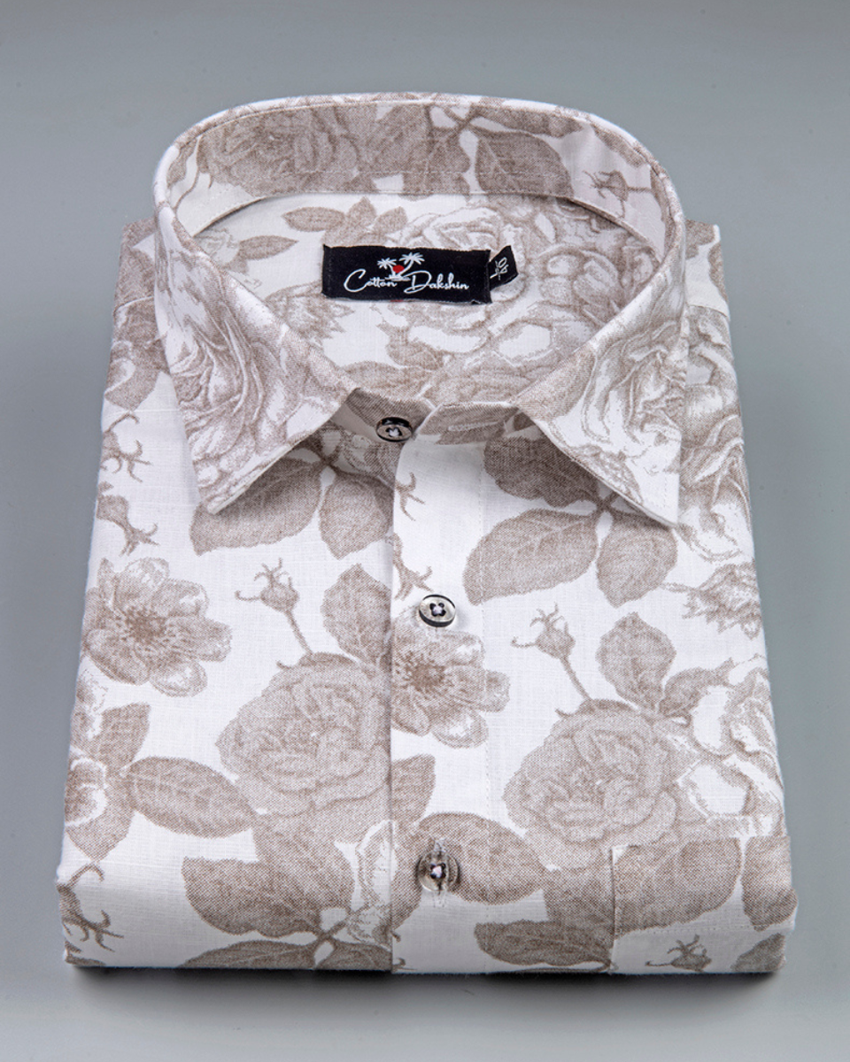 Linen White with Large Marrun flower Print Shirts for Men