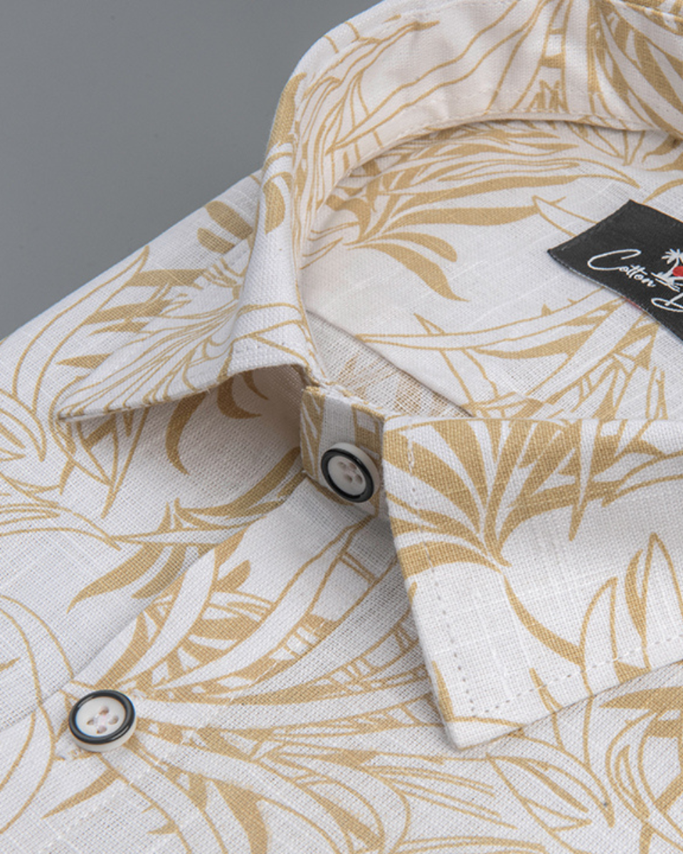 Linen White With Yellow Flower Print Shirts