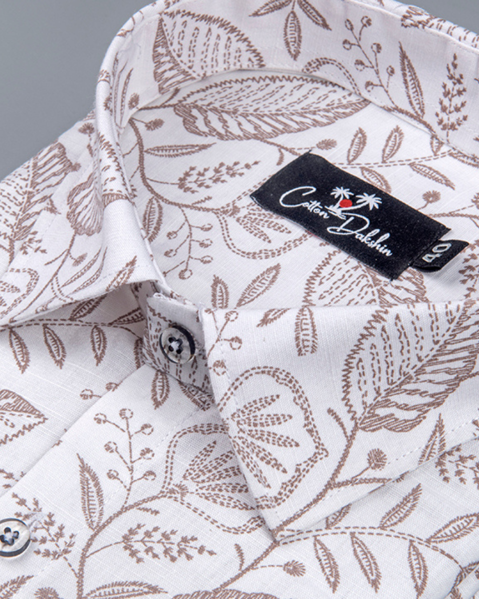New Linen White with Marrun flower Print Shirts for Men