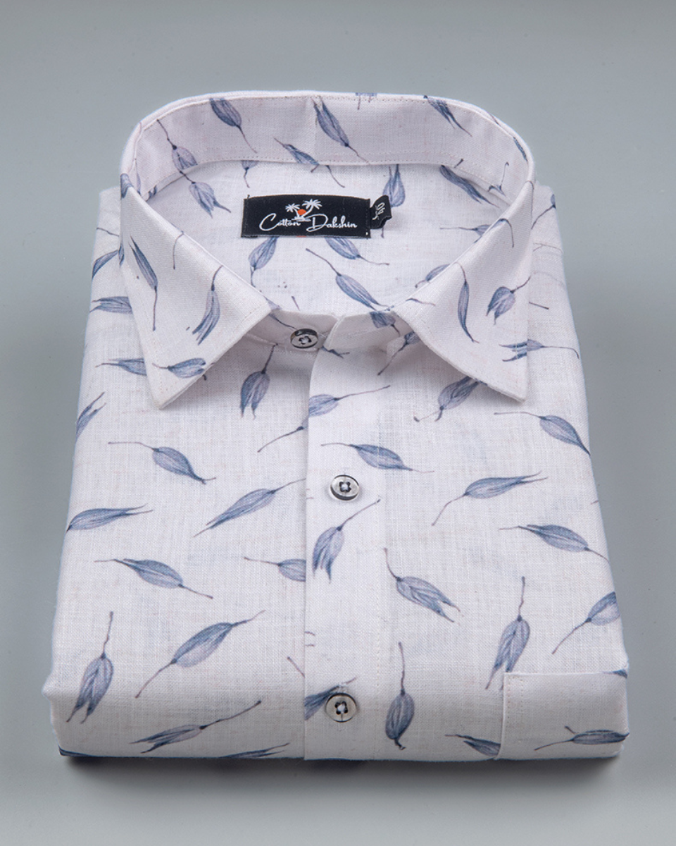 New Italian Linen White with Grey Leaf Printed Shirts for Men