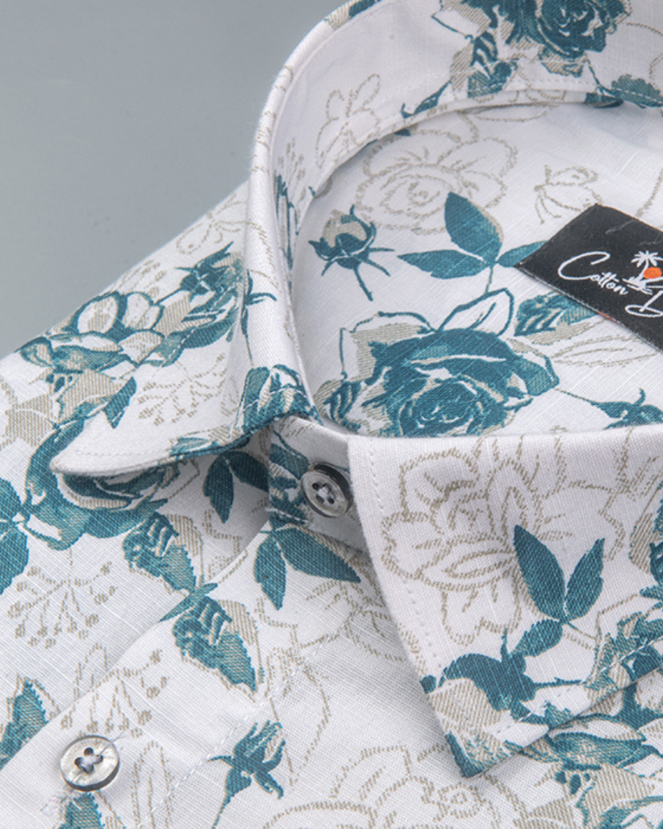 Gloster Linen White with Rama Flower Print Shirts for Men