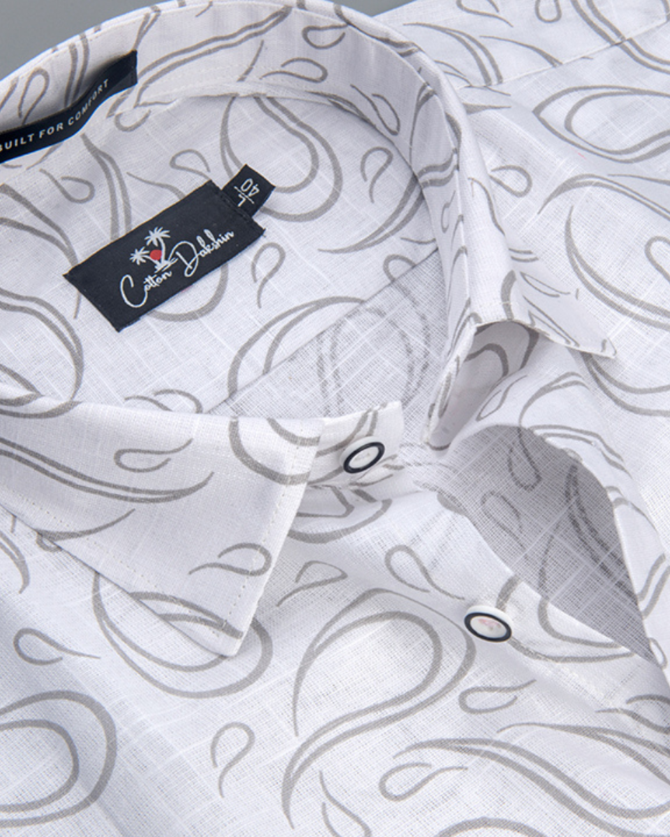 Linen White With Grey Pathan Print Shirts