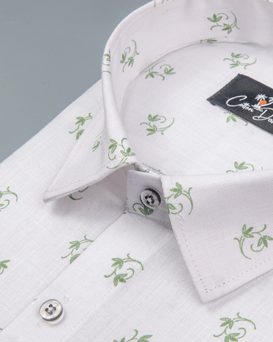 Turkey Linen White with Green Flower Print Shirts for Men