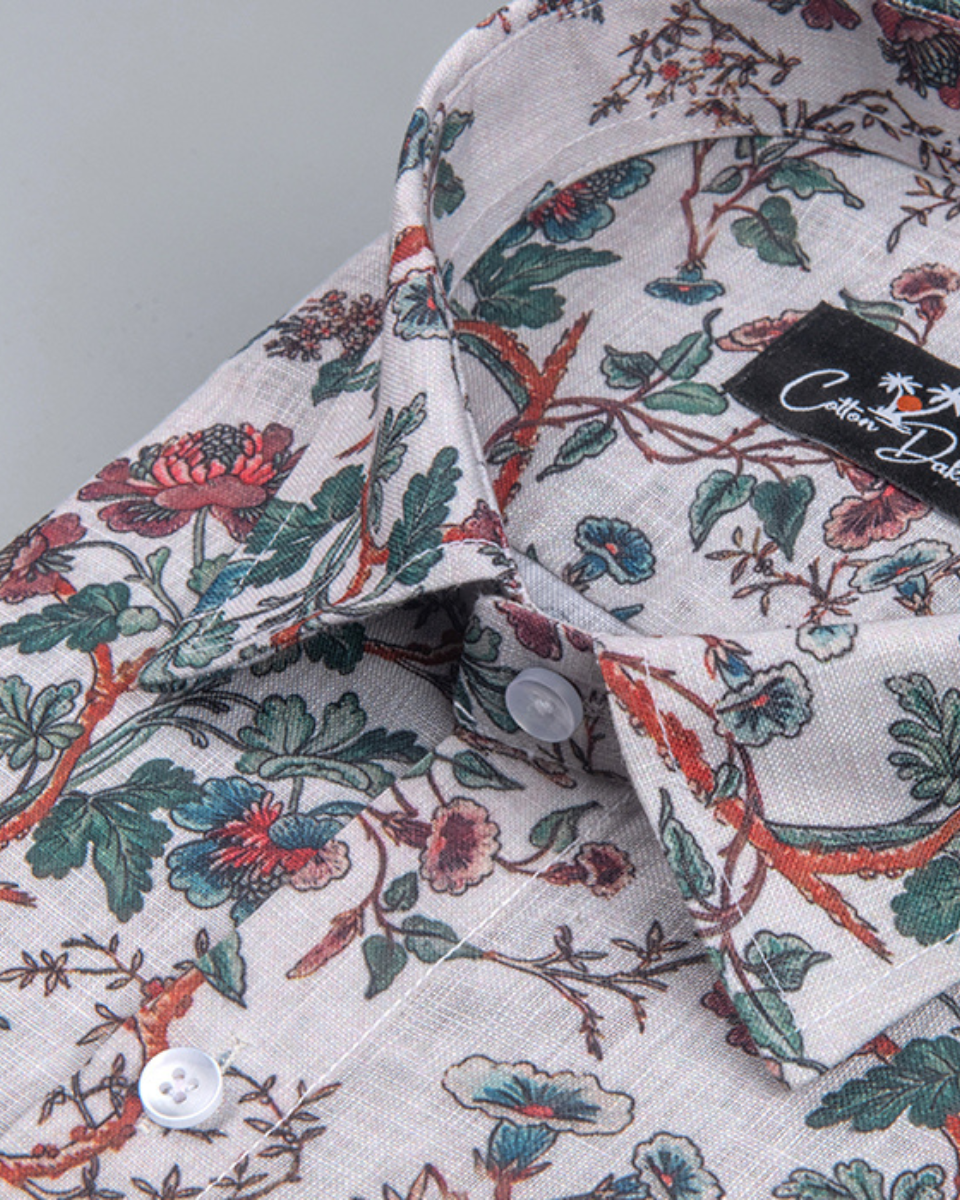 Belgium Linen Red Green flower Print Shirts for Men