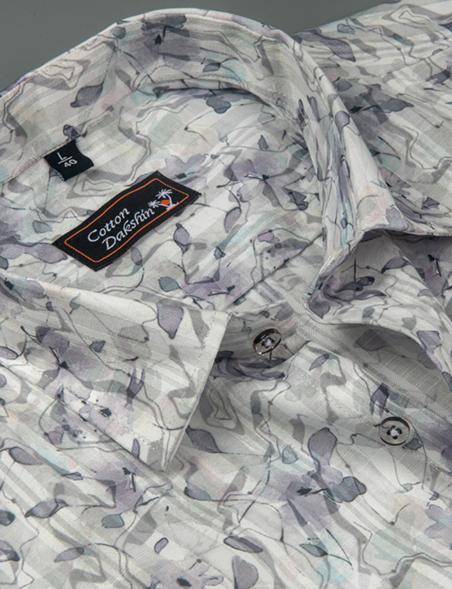 Cotton Printed White with Lavender Flowers Print Shirts for Men