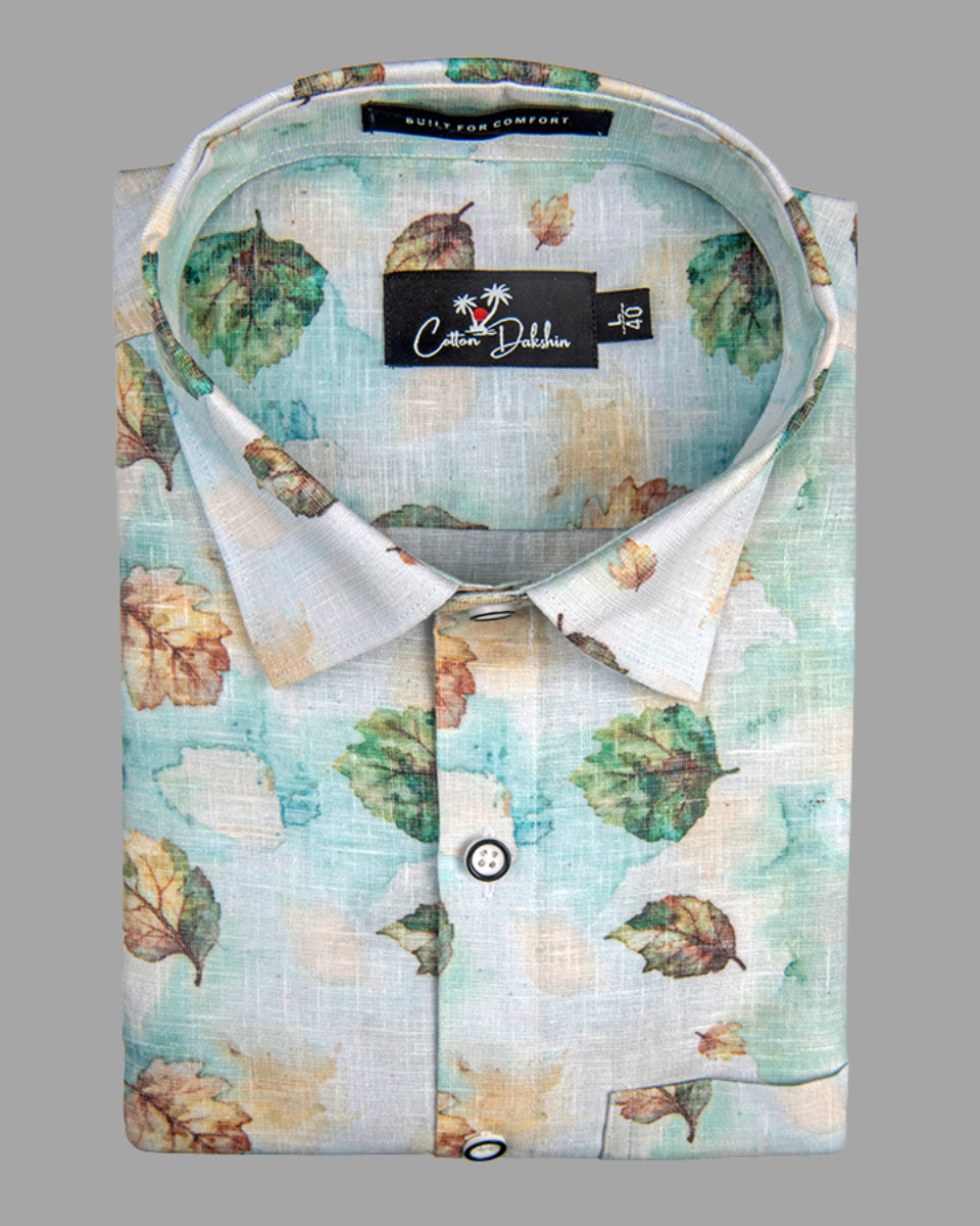 Italian Linen Rama With Green Batel Print Shirts