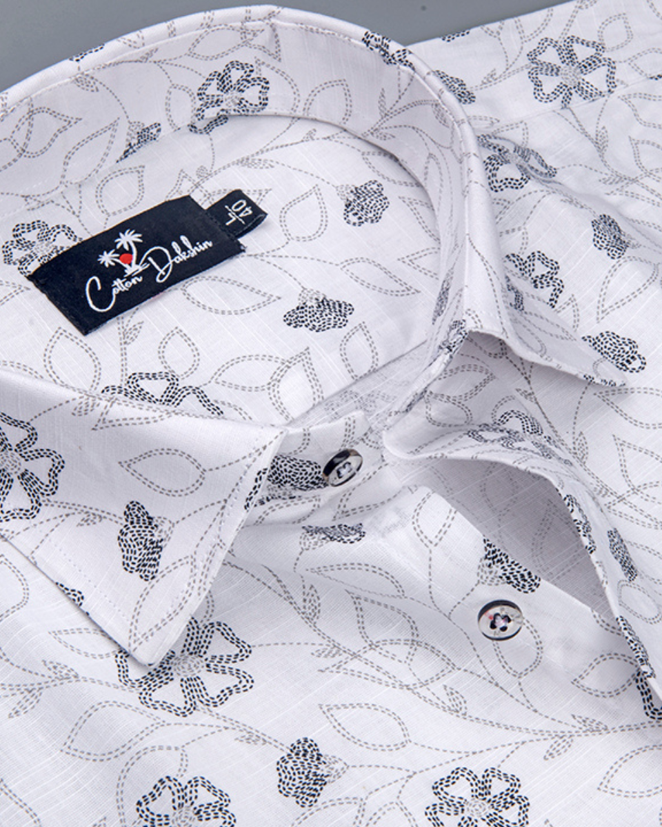 Linen White with Black Flower Print Shirts for Men