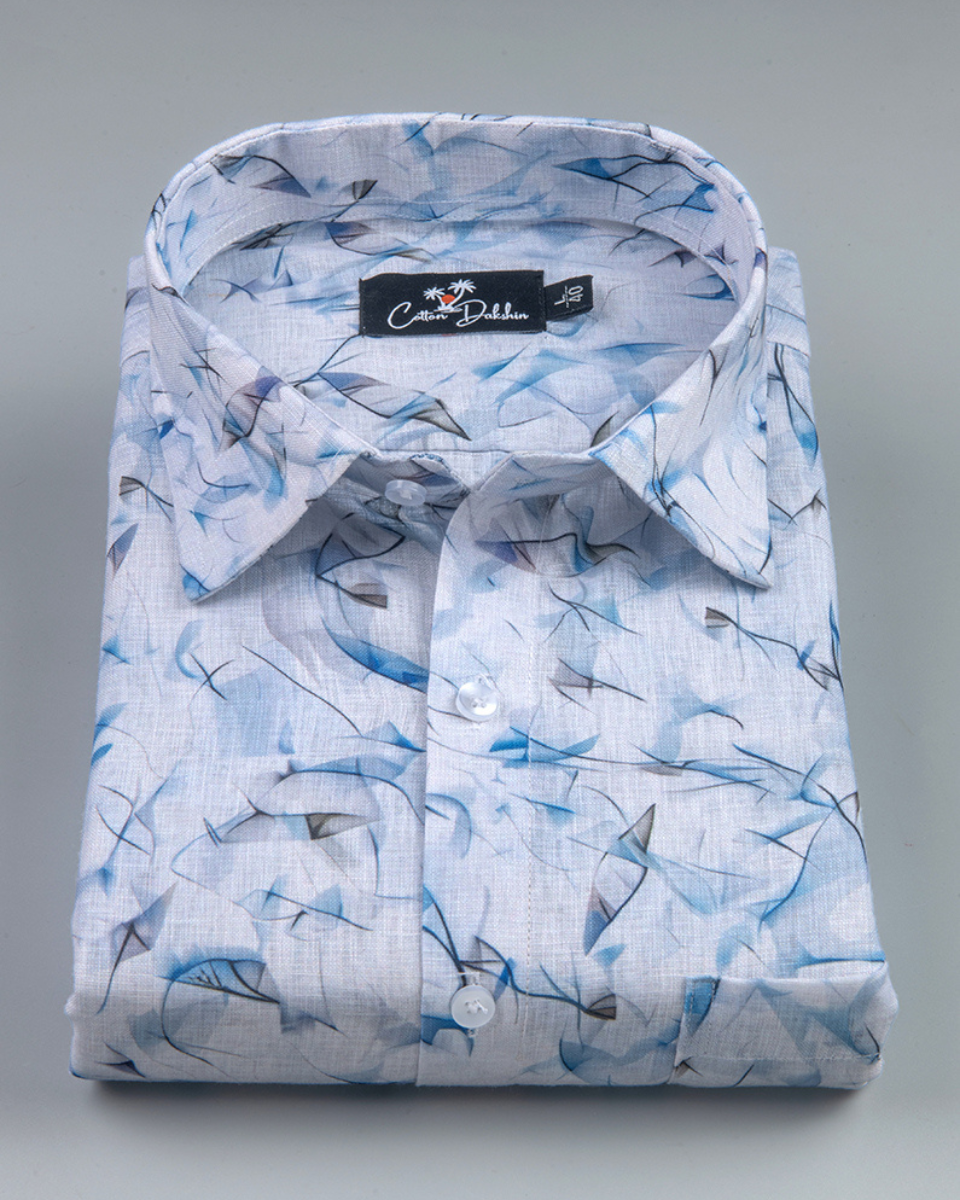 Belgium Linen White with Sky Zickzack Print Shirts for Men