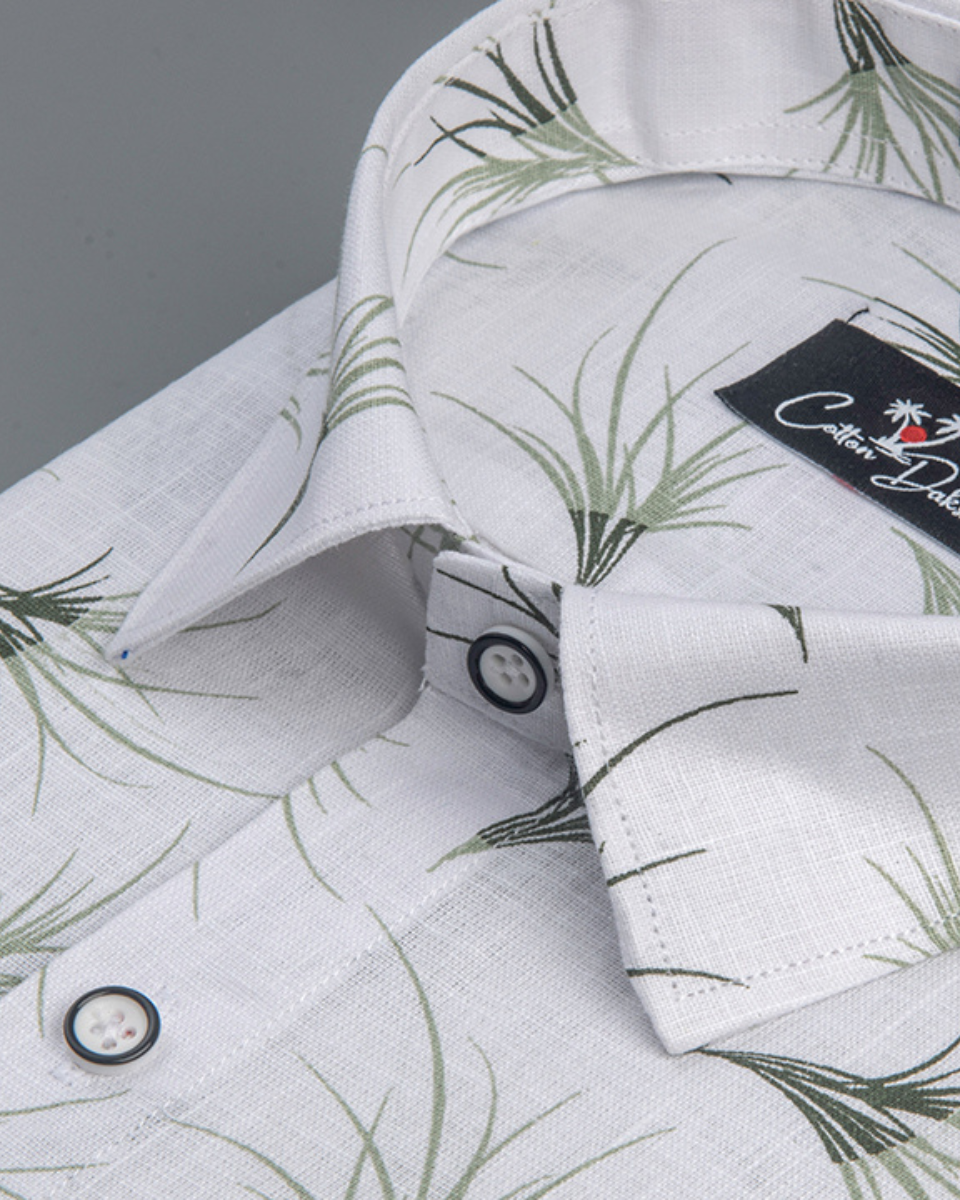 Linen White With Green Flower Print Shirts