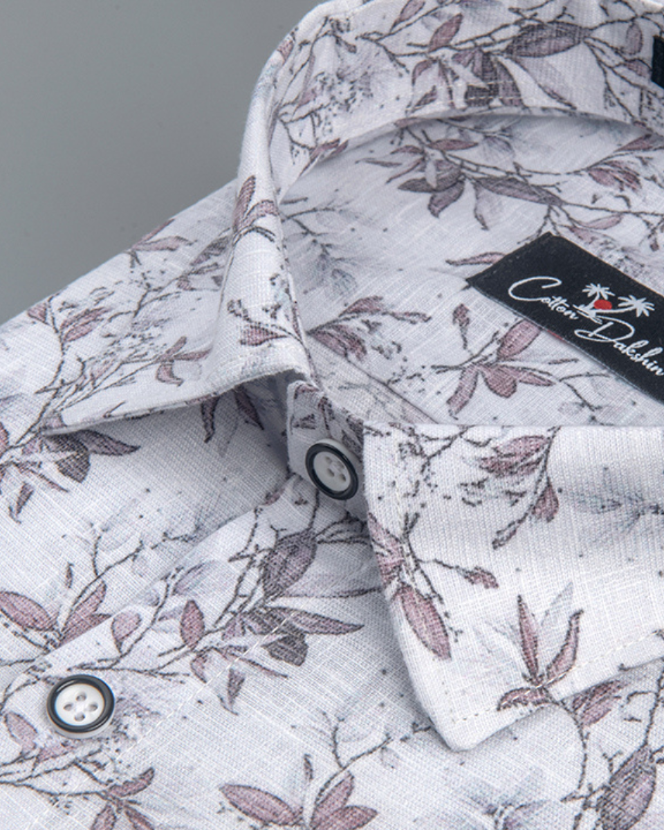 Italian Linen Gray Wala Brown Flower Print Shirts