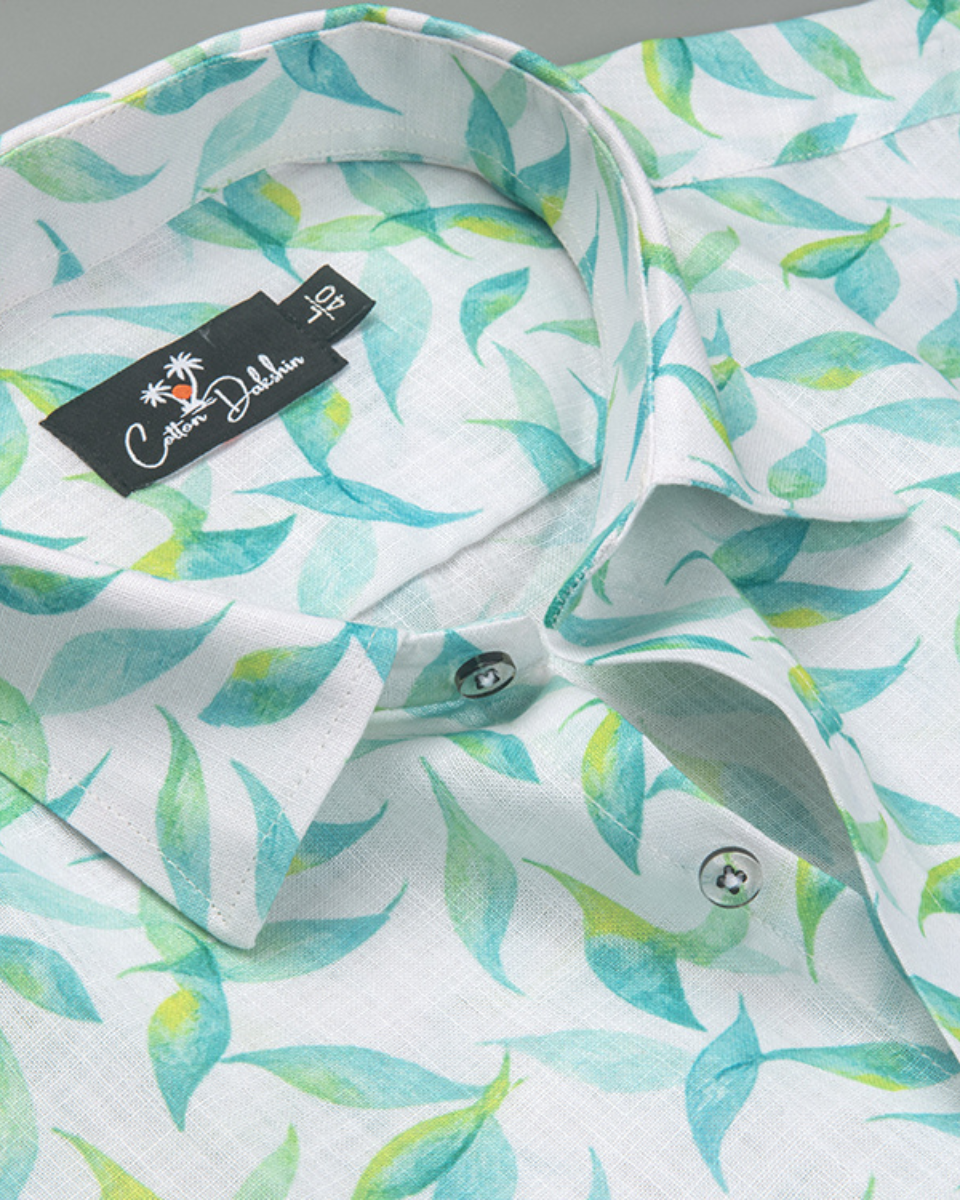 New Italian Linen white with Green Leaf Printed Shirts for Men