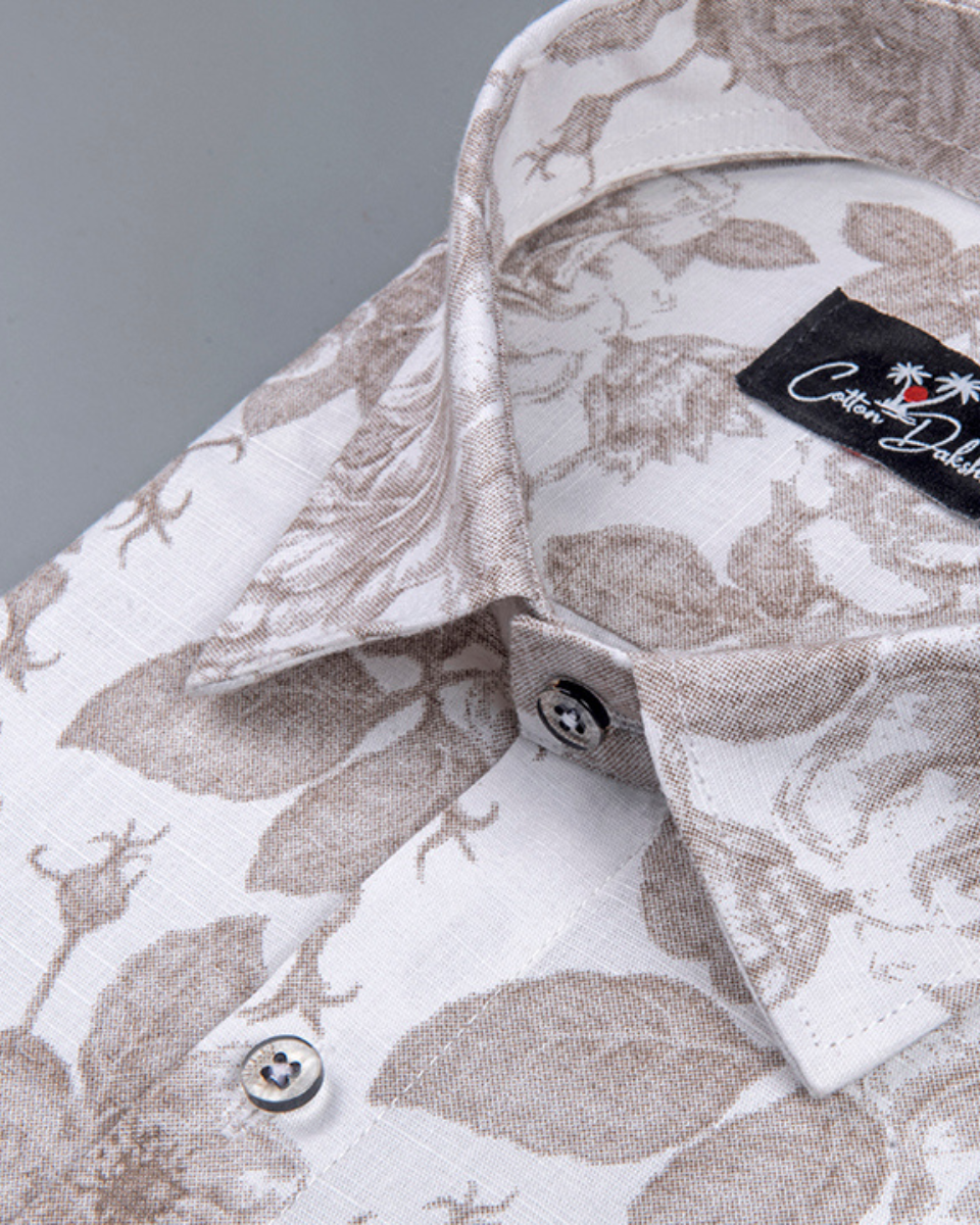 Linen White with Large Marrun flower Print Shirts for Men