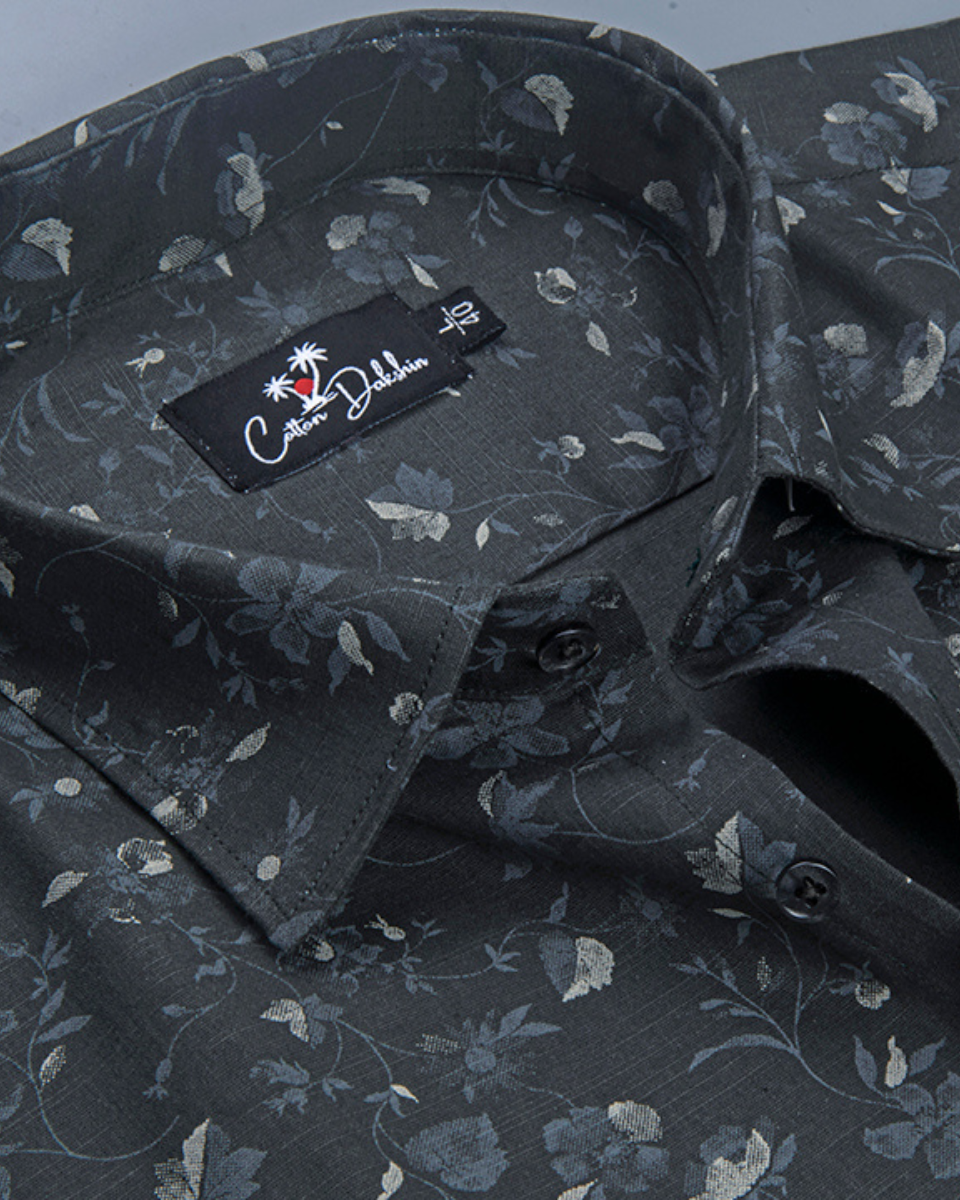 Linen Black with Cream Flower Print Shirt for Men