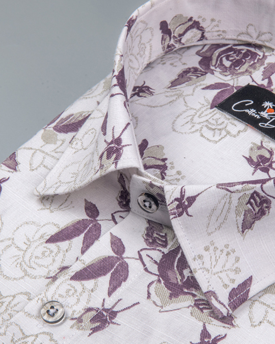 Gloster Linen White with Wine Flower Print Shirts for Men