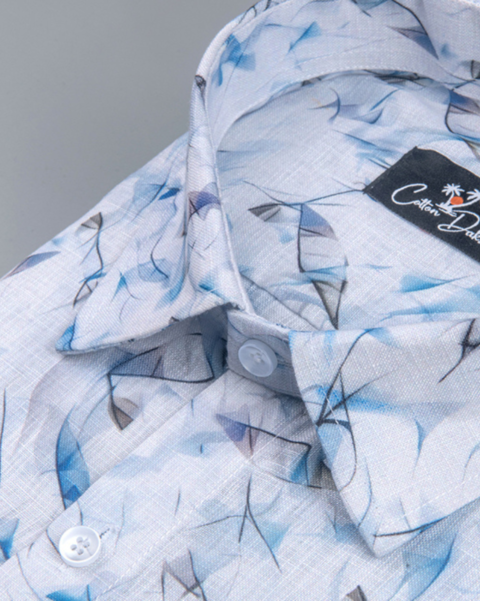 Belgium Linen White with Sky Zickzack Print Shirts for Men