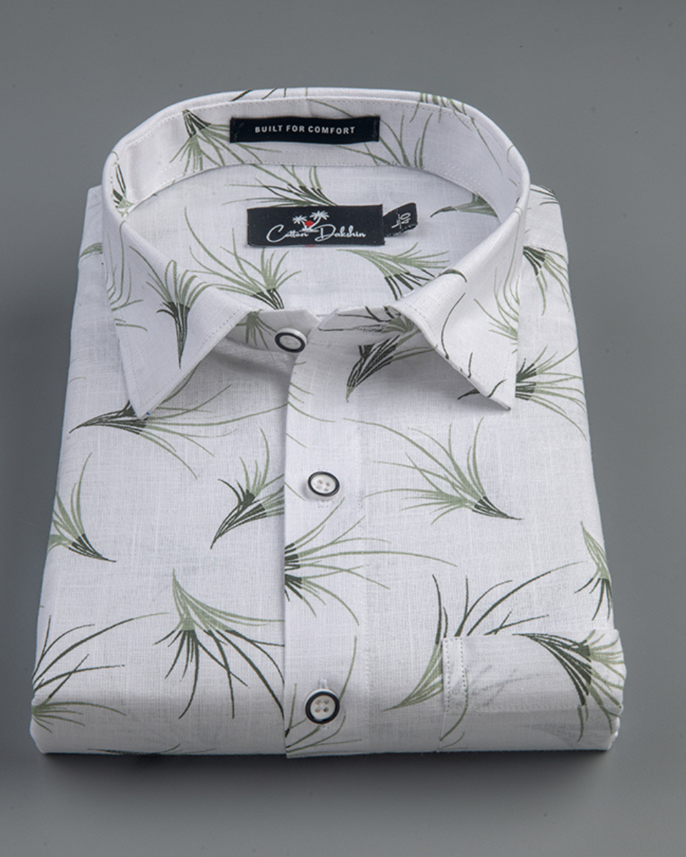 Linen White With Green Flower Print Shirts