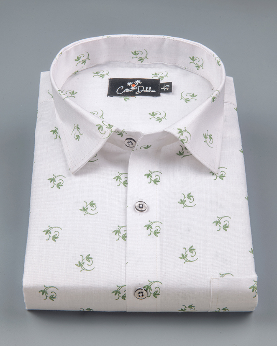 Turkey Linen White with Green Flower Print Shirts for Men