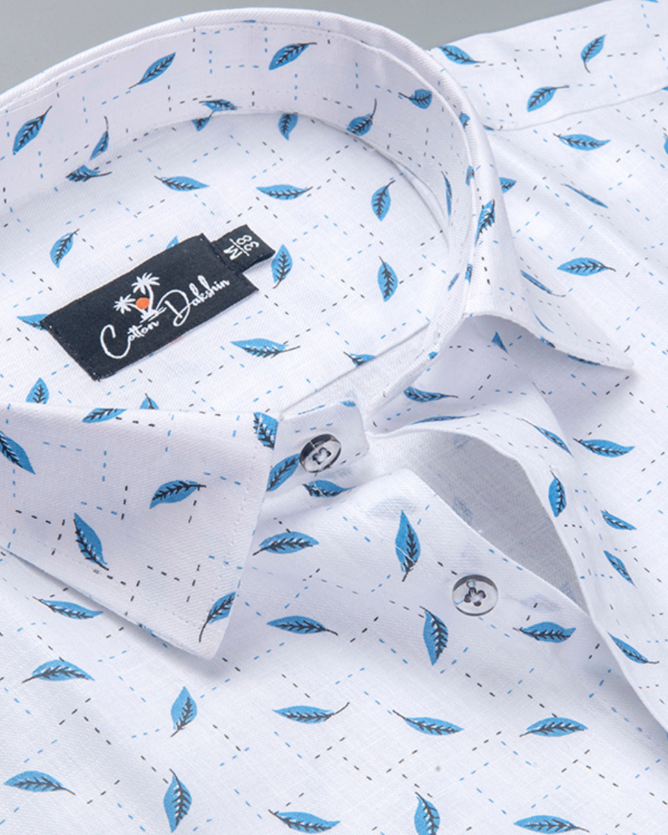 Turkey Linen White with Blue Blend Print Shirts for Men