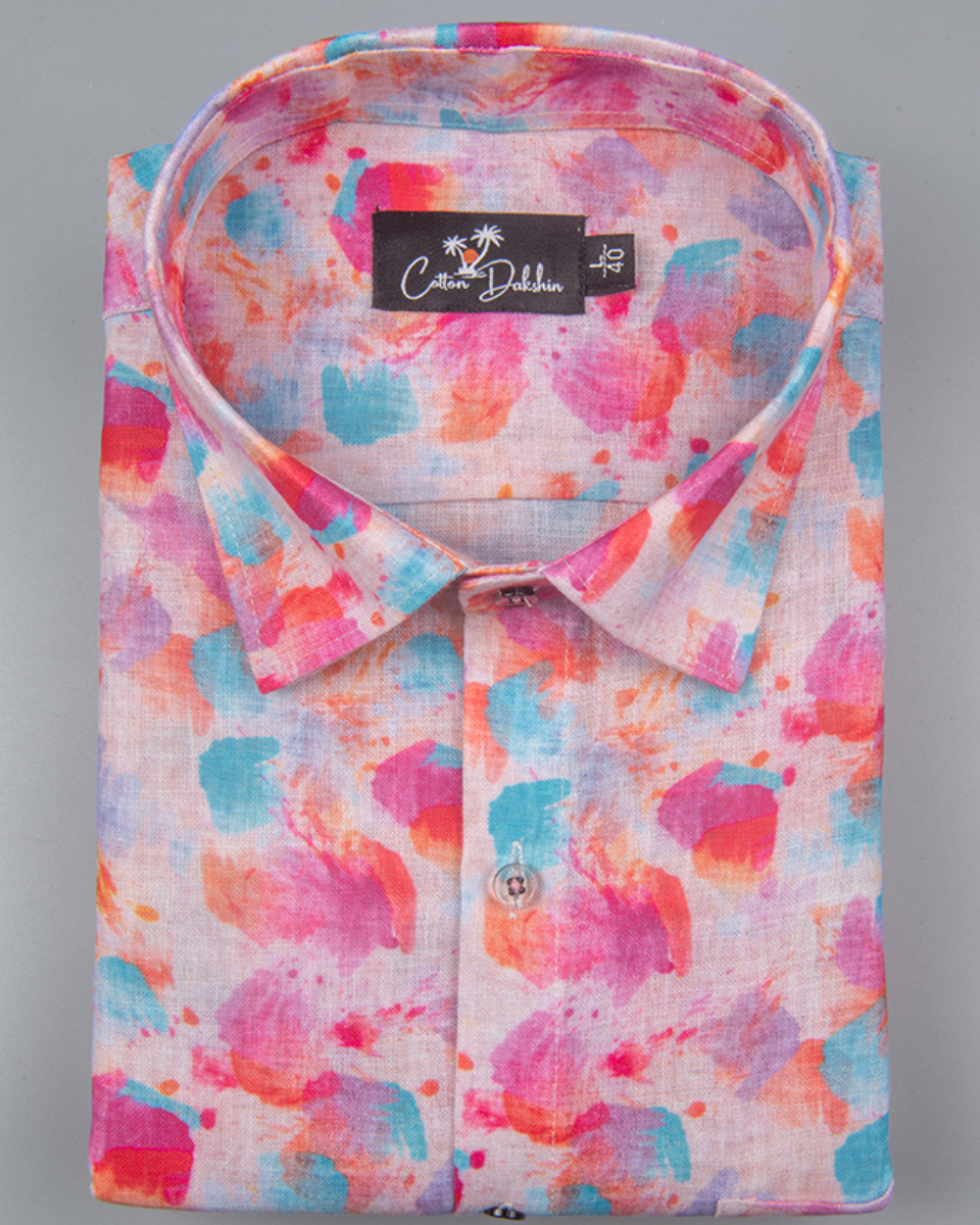 New Italian Linen Pink Rama Print Shirts for Men