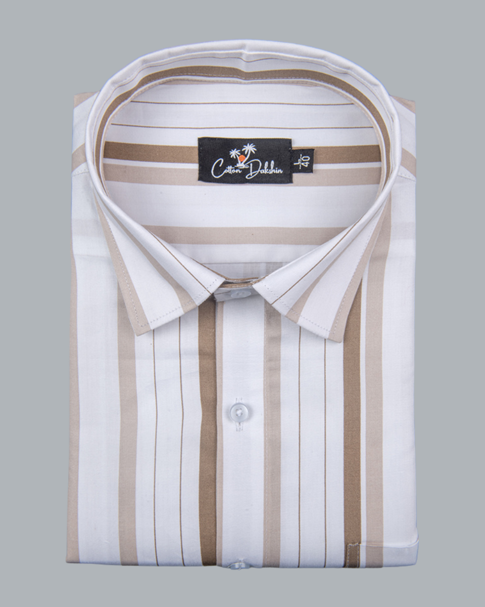 Cotton White with Brown Patta Print Shirts for Men