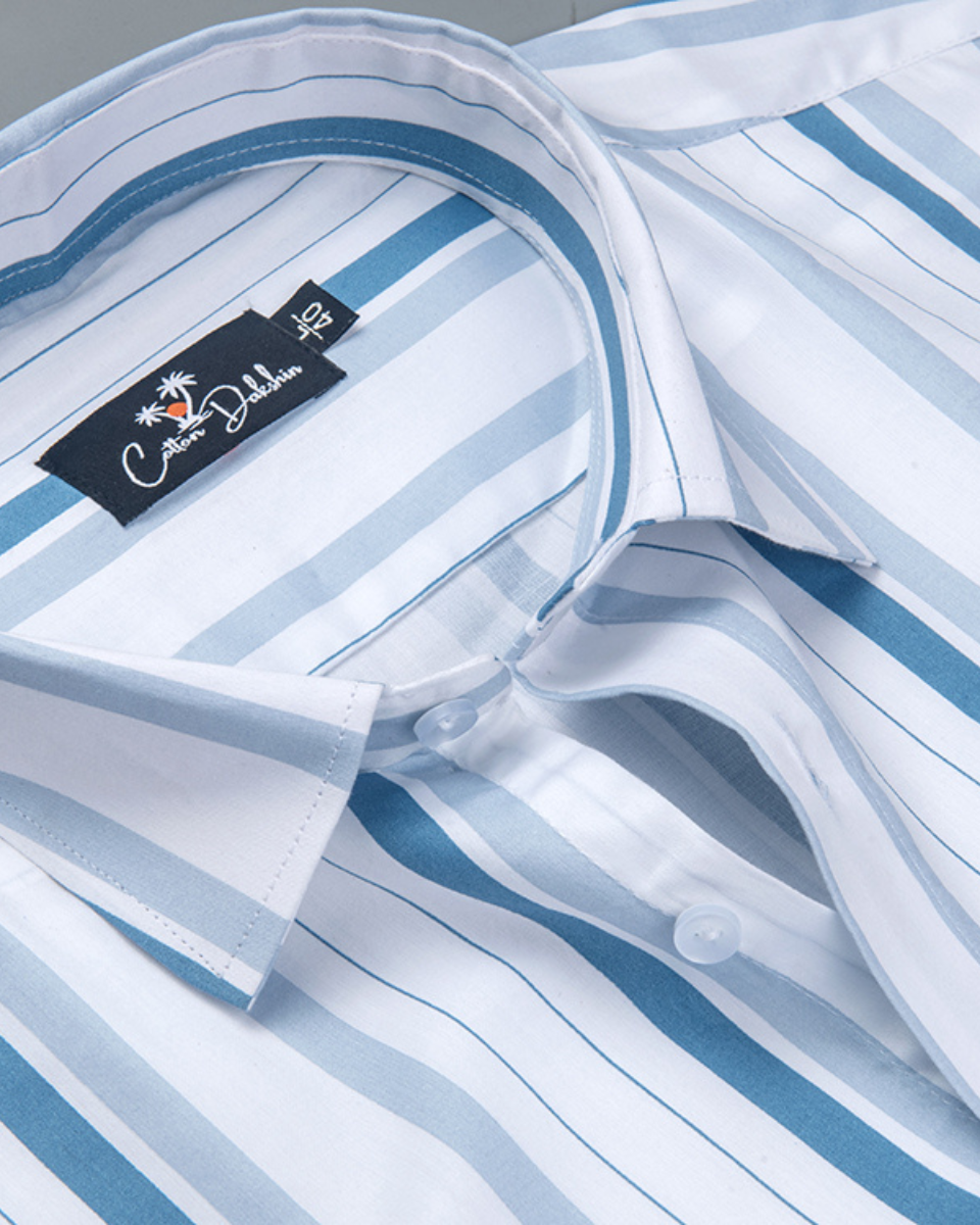 Cotton White with Sky Blue Patta Print Shirts for Men