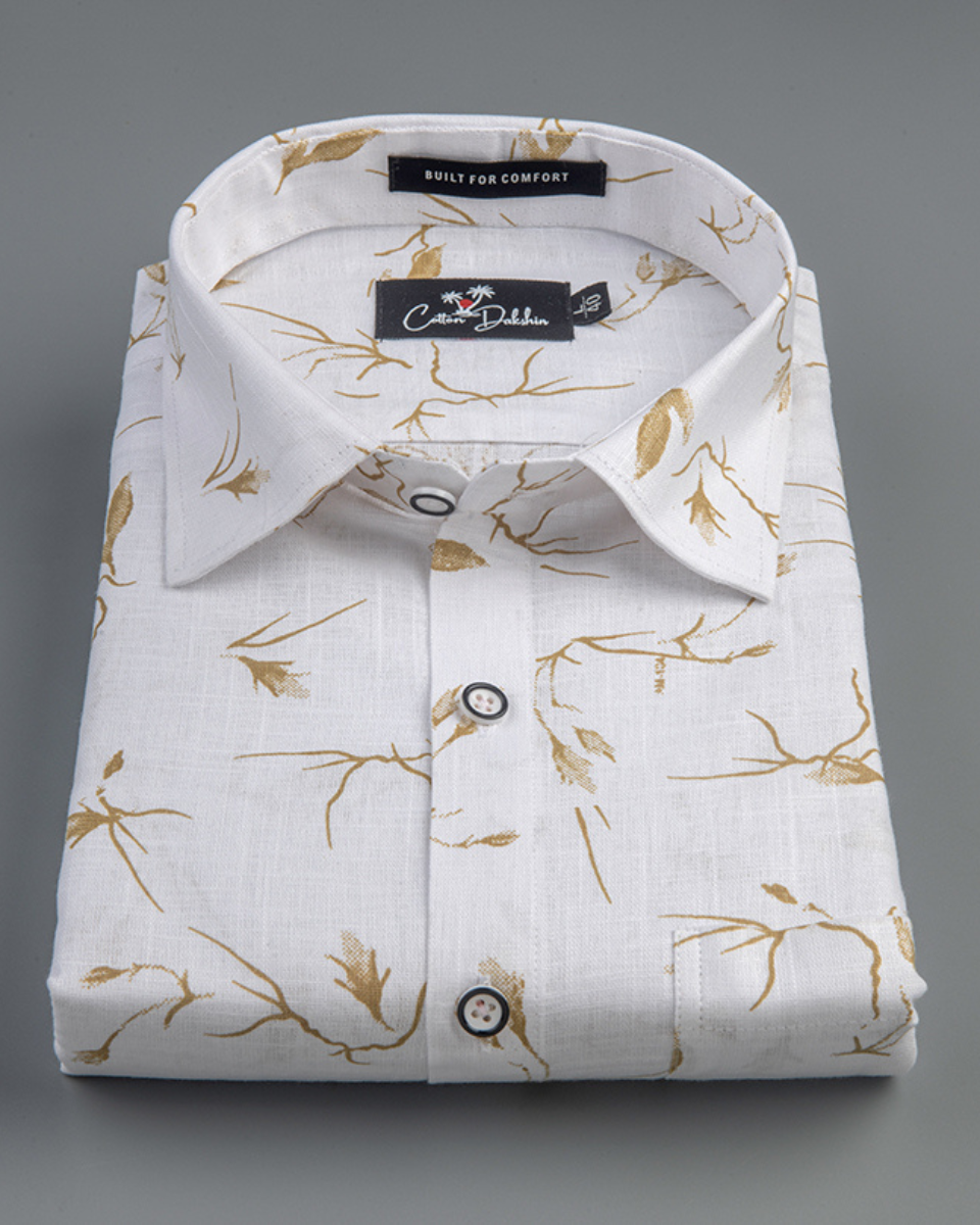 Linen White With Mahendi Structurer Print Shirts