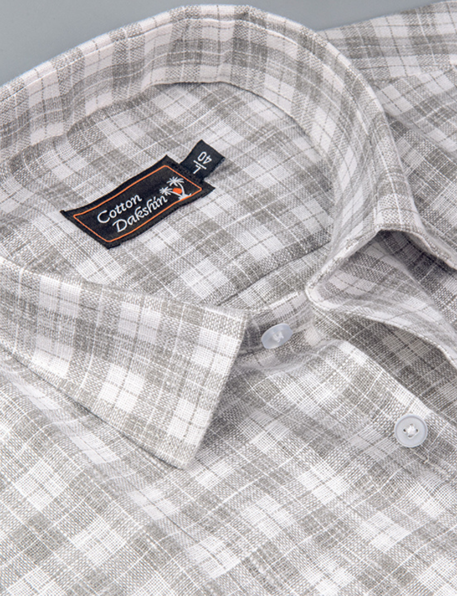 Linen White with Gray Checks Shirts for Men