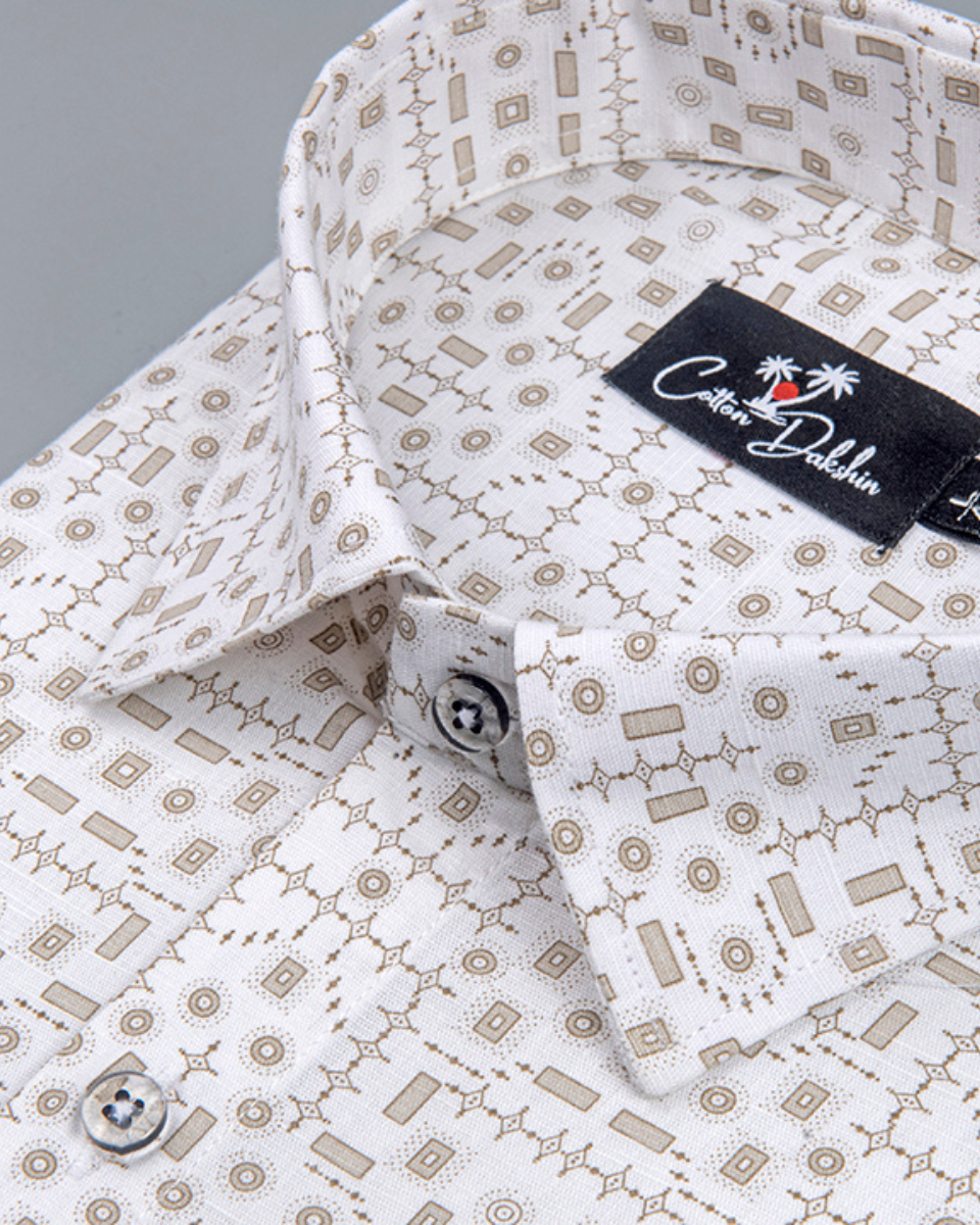 Linen White with fone Geometric Print Shirt for Men