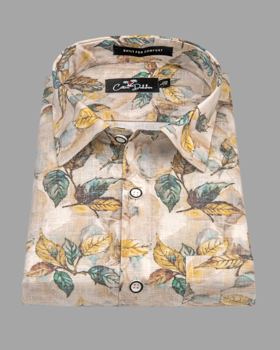 Italian Linen Fone With Yellow Rama Batel Print Shirts