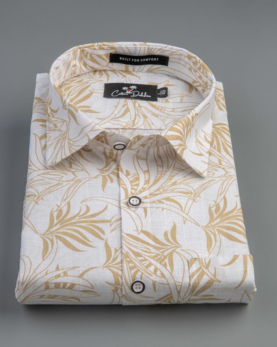 Linen White With Yellow Flower Print Shirts