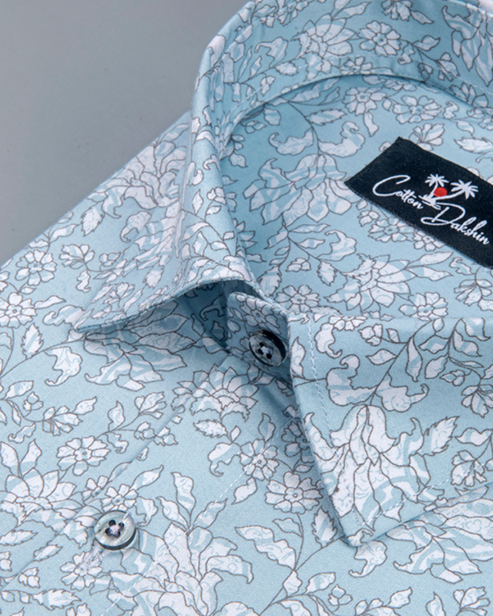 Cotton Sky with White flower Print Shirts for Men