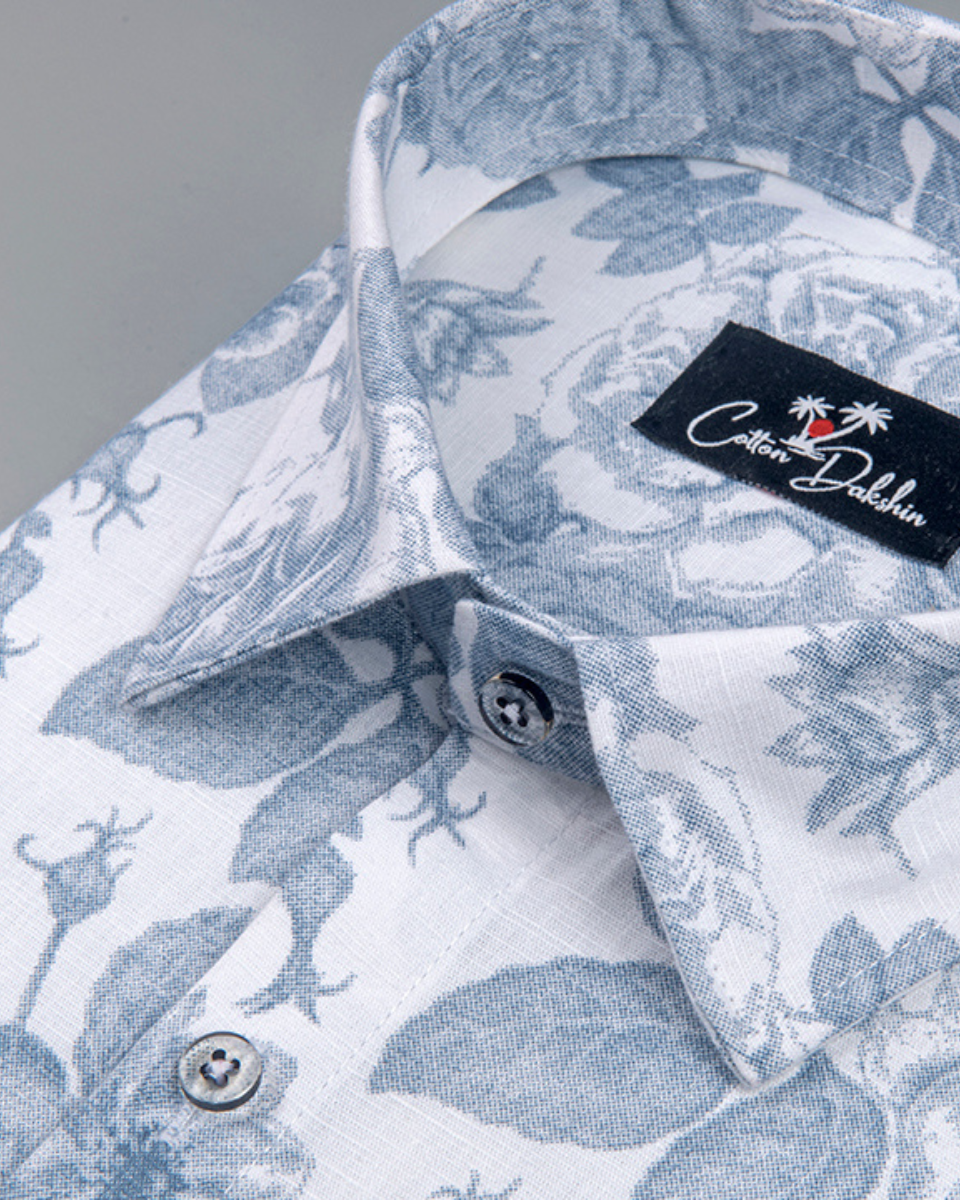 Linen White with Large Sky flower Print Shirts for Men