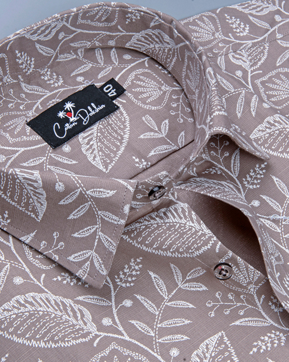 Linen Marrun with White flower Print Shirts for Men