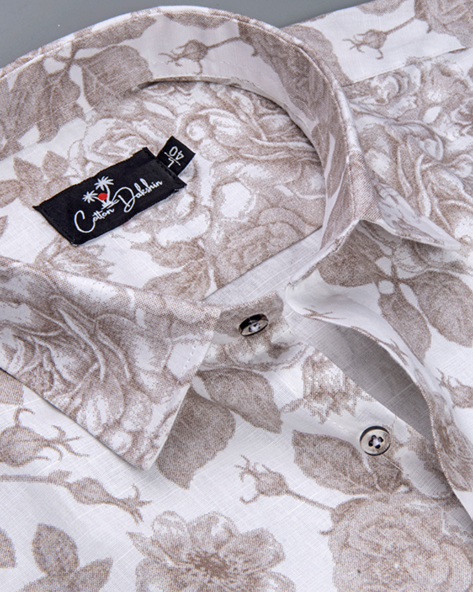 Linen White with Large Marrun flower Print Shirts for Men
