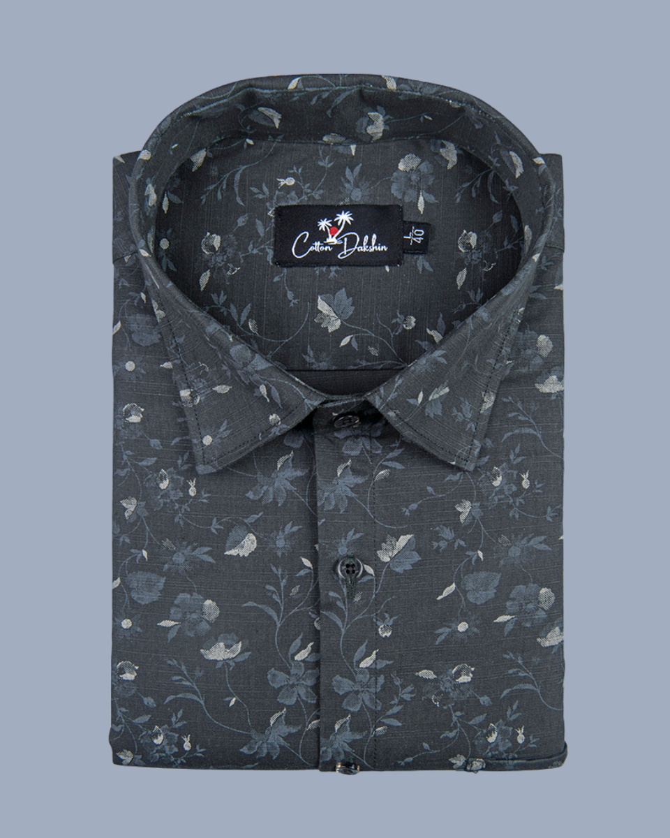 Linen Black with Cream Flower Print Shirt for Men