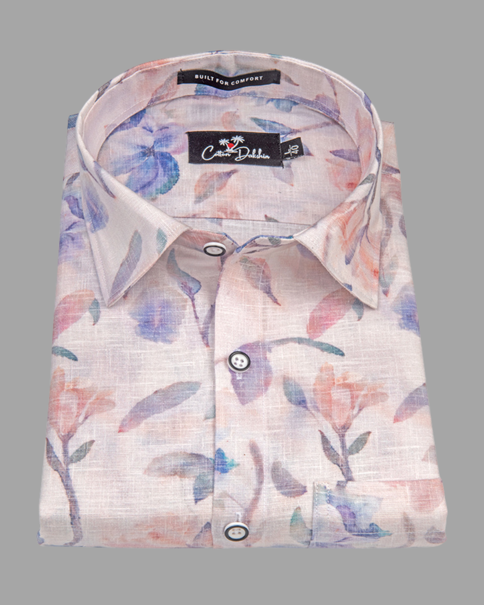Italian Linen Light Pink With Lavender Print Shirts