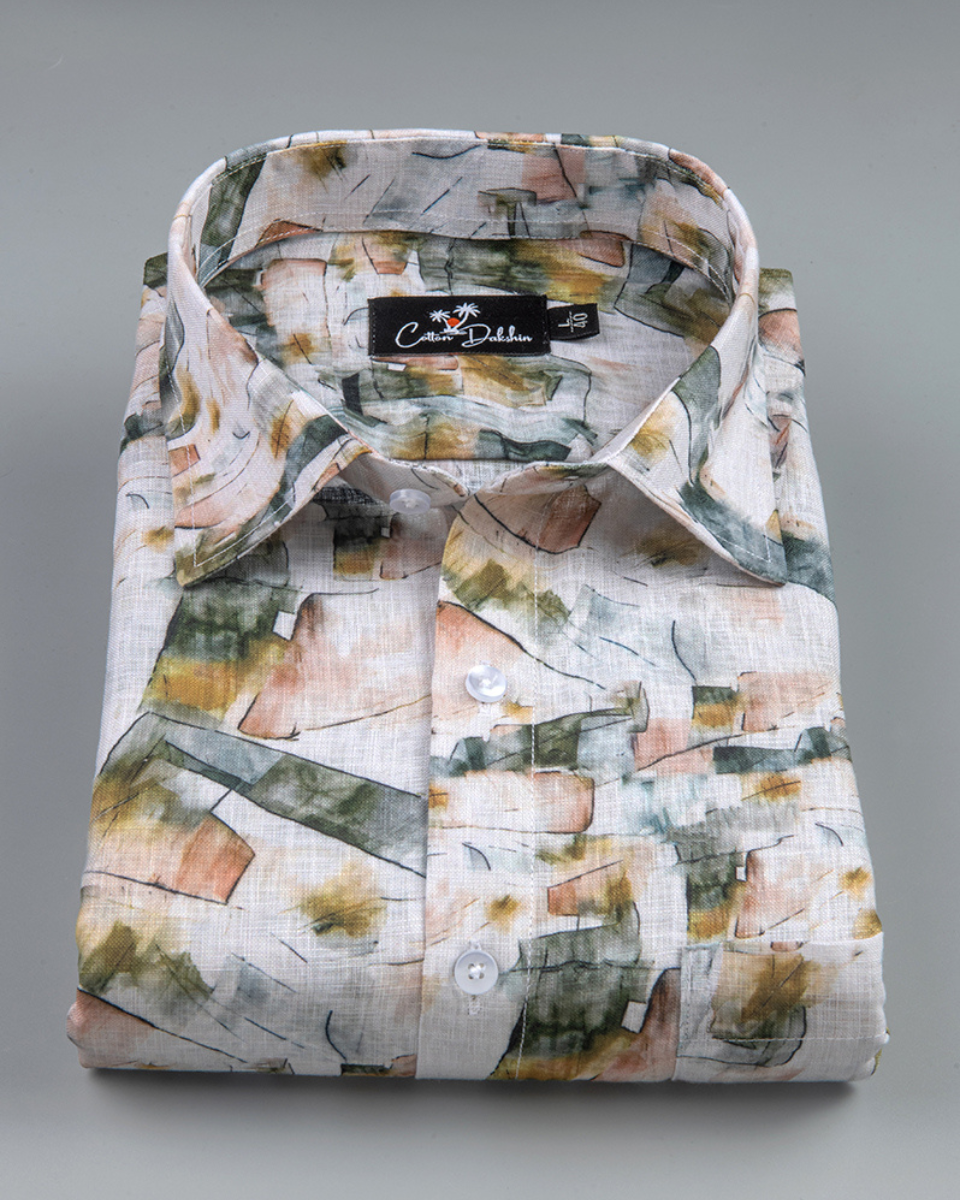 Belgium Linen Bristol Green Mix Print Shirts for Men