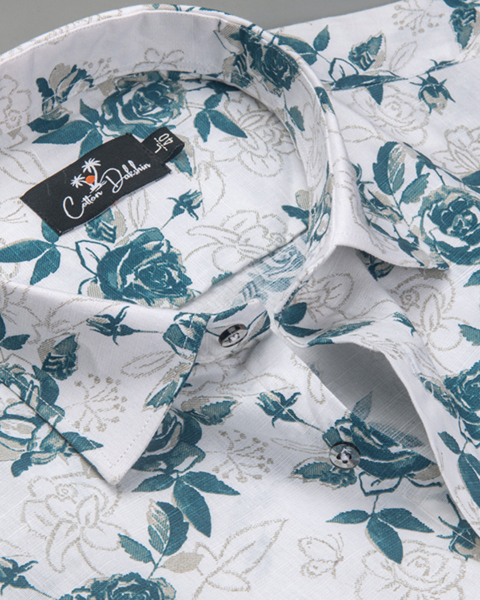 Gloster Linen White with Rama Flower Print Shirts for Men