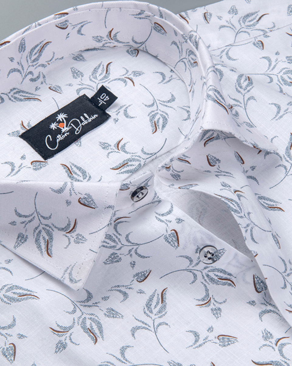 Turkey Linen White with Grey Flower Print Shirts for Men