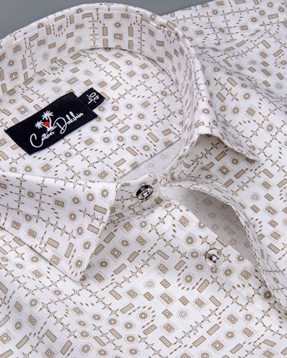 Linen White with fone Geometric Print Shirt for Men
