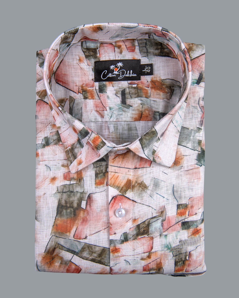 Belgium Linen Bristol Red Mahendi Print Shirts for Men