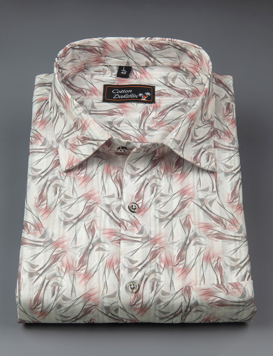 Cotton Printed White with Red Gray Mix Zickzack Print Shirts for Men
