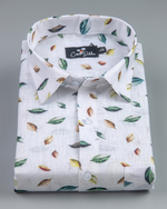Belgium Linen White with Rama Brown Leaf Print Shirts for Men