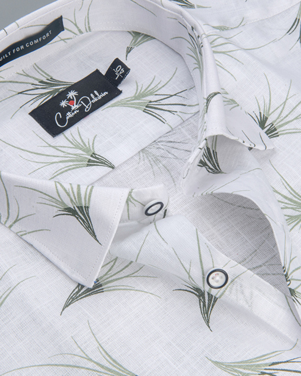 Linen White With Green Flower Print Shirts