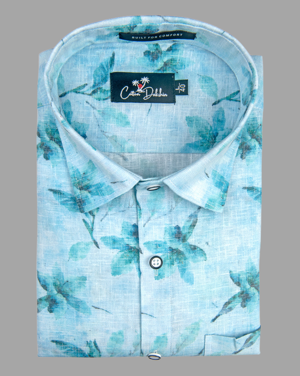 Italian Linen Sky Blue With Dark Blue Print Shirts