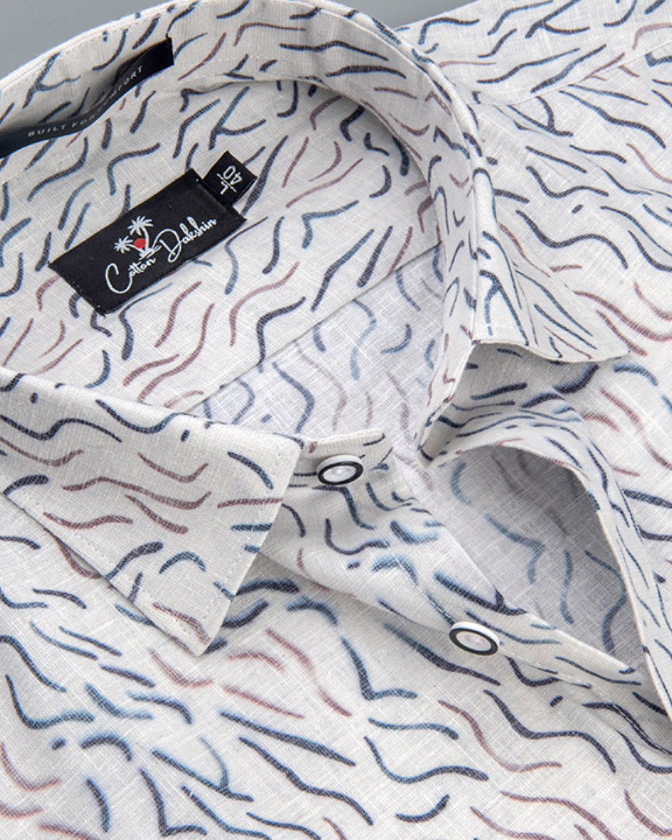 Italian Linen Cream With Brown Grey Sparkle Print Shirts