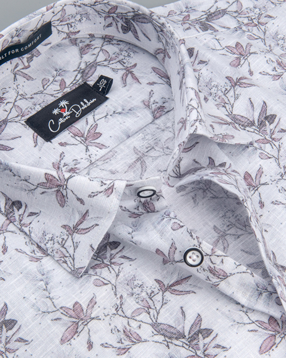Italian Linen Gray With Brown Flower Print Shirts